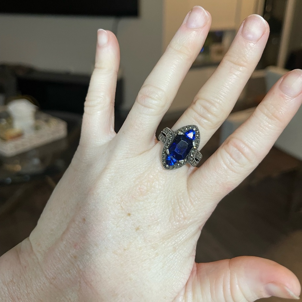 Vintage Sapphire Marcasite 925 Sterling Silver Ring PRETTY - Picture 2 of 9